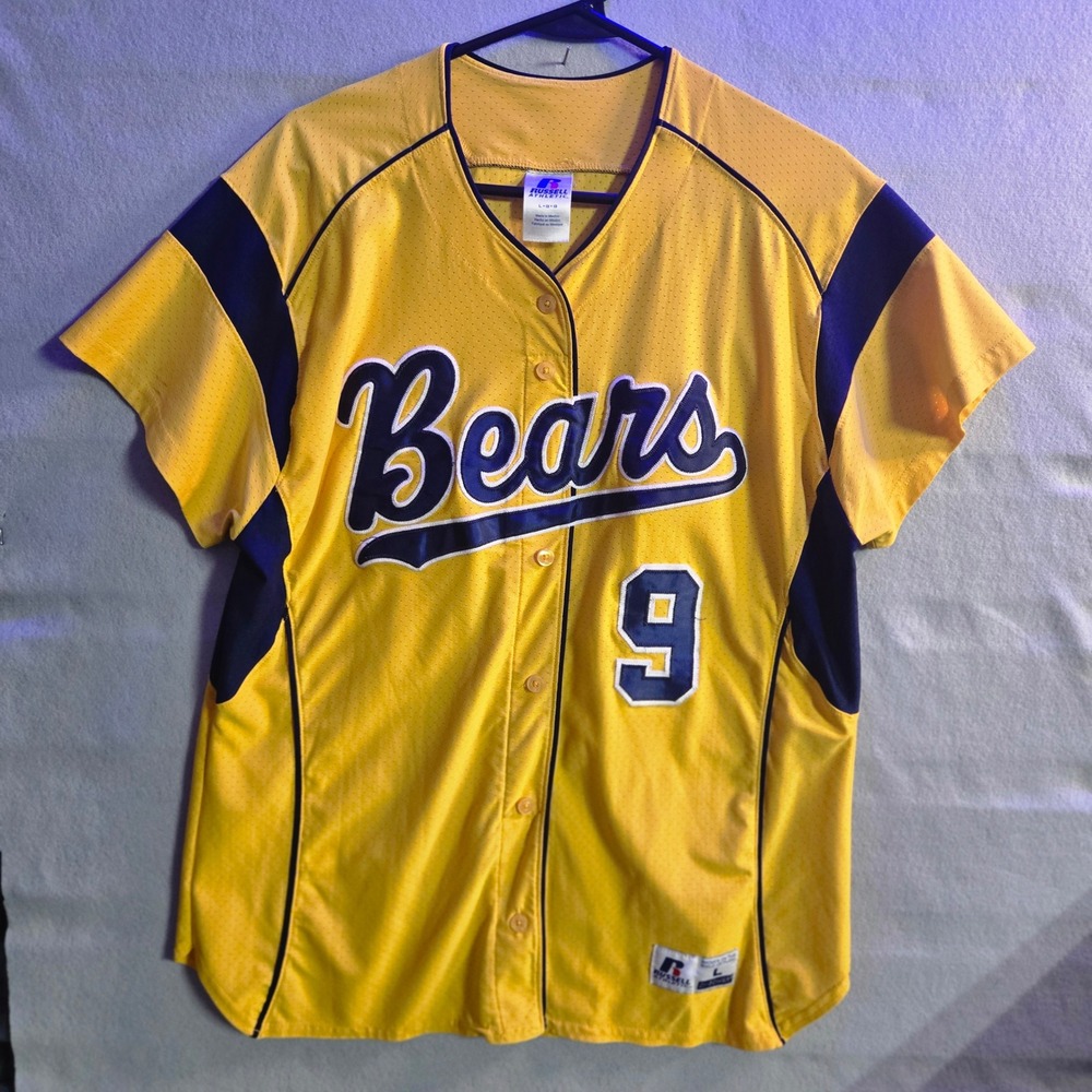 Russell Athletic Bears Baseball Jersey Yellow Navy‎ Blue Mesh Button Up Size L 9